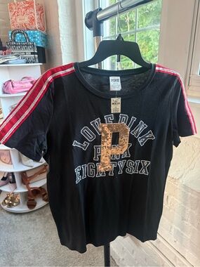 PINK Victoria's Secret Black Tee with Red Sequin Shoulder Stripes